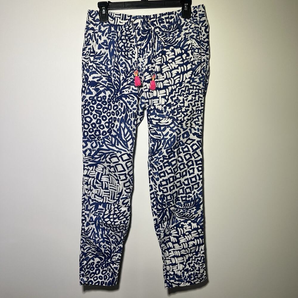 Lilly Pulitzer Linen Pants Abstract Blue and White Tassels Size Small Resort